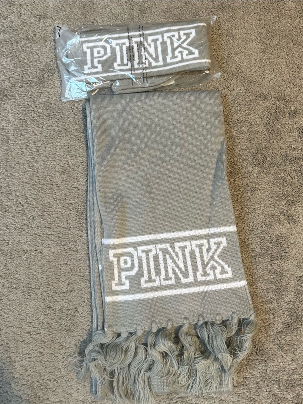 PINK Victoria's Secret Gray Logo Scarf with Tassels And Cozy Headband